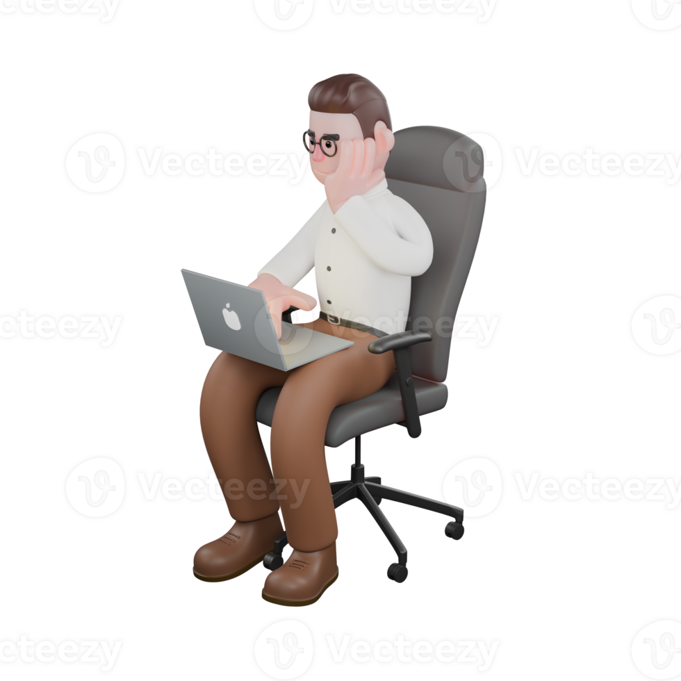 Illustrated 3D Sociologist. A male sociologist sits on a chair with a laptop in his right hand and his left hand holding his face. Male Social Scientist Cartoon png