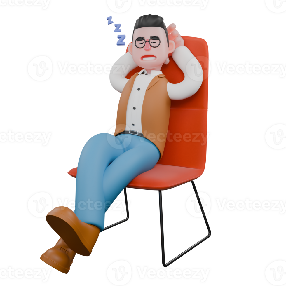 3D Professional Male Anthropologist Character. A male anthropologist is sitting asleep on a red chair with both hands as pillows. Cultural png