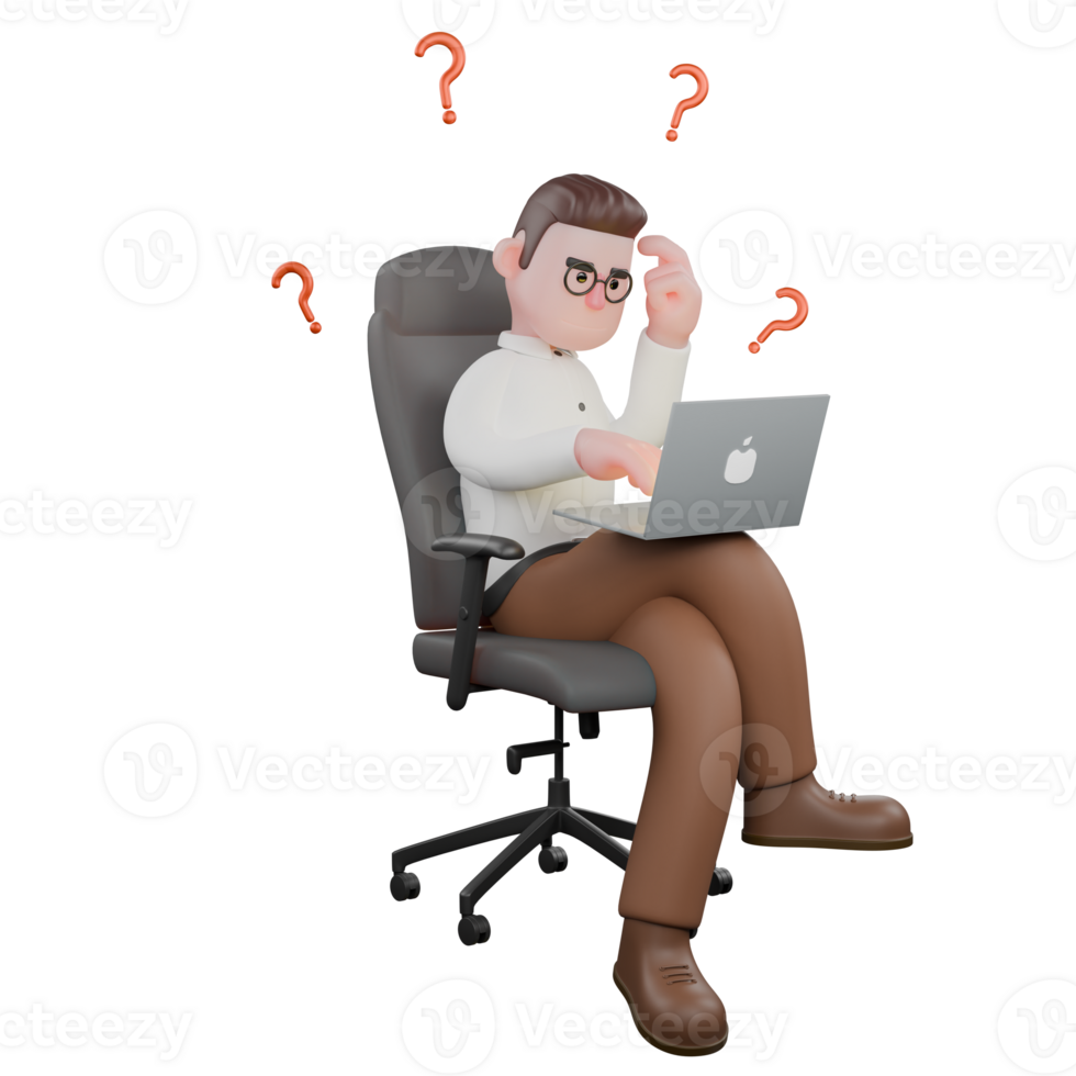 Social Behavior Expert 3D Model. A male sociologist sits on a gaming chair confused while holding a laptop and his left hand on his head Sociologist Cartoon png