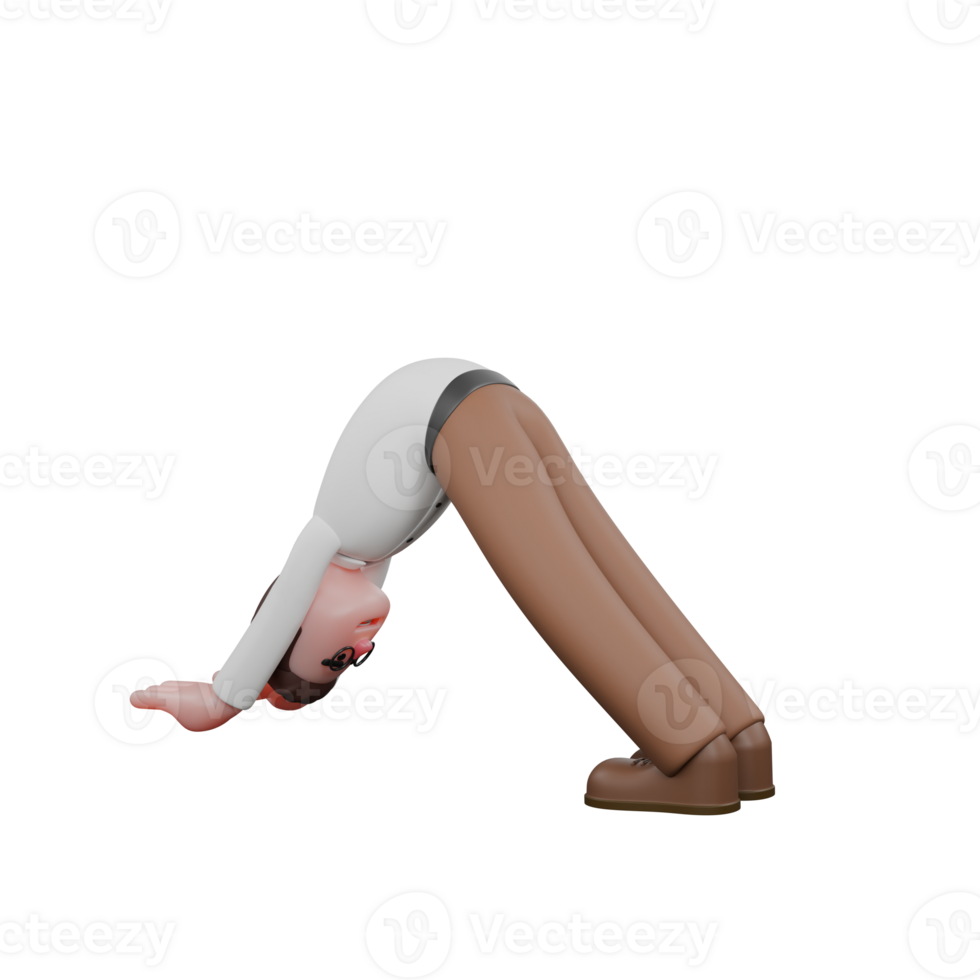 3D Professional Male in Sociologist Role. A male sociologist doing the Downward Dog pose, a popular yoga pose for stretching the back and leg muscles. Societal png