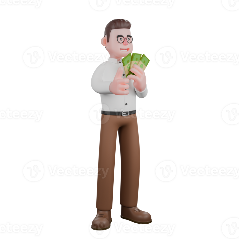 Professional Sociologist Character in 3D. A male sociologist stands showing a banknote in his left hand and his right hand is giving a thumbs up. Male png