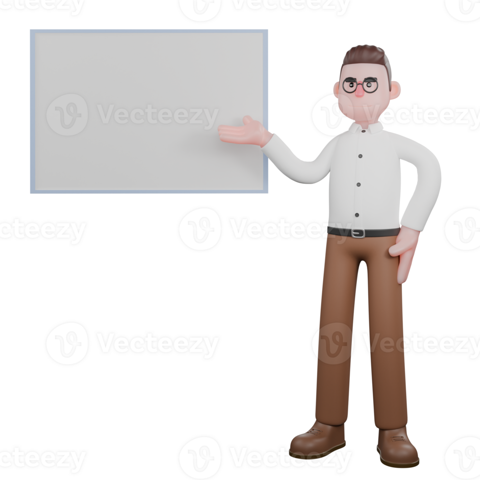 3D Cartoon Social Research Specialist. A male sociologist stands next to a presentation board and points to the board with his left hand. Sociological Methods Scene png