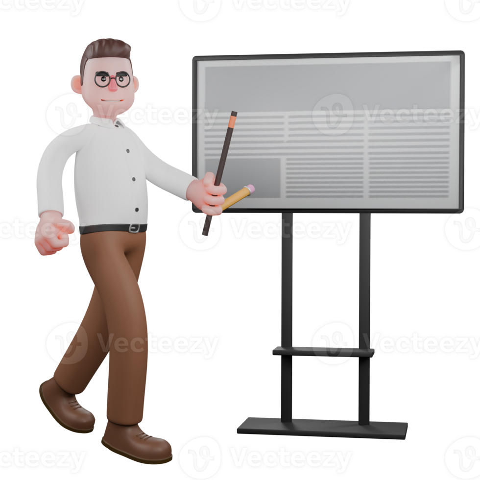 Professional 3D Male Sociologist. A male sociologist walks beside a presentation board while carrying a stick and pencil in his left hand. Societal Dynamics Character png