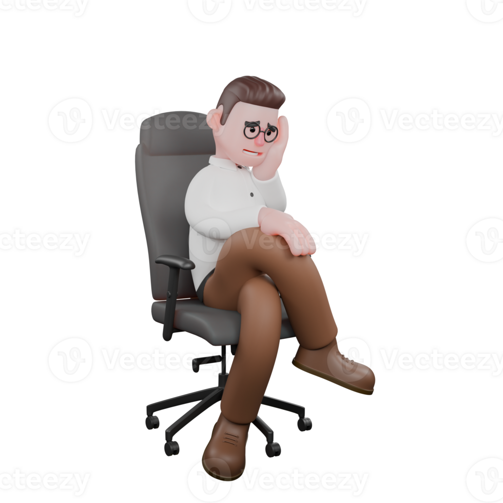 3D Male Societal Character. A male sociologist sits on a chair with his right hand supporting his head. Sociologist Professional png