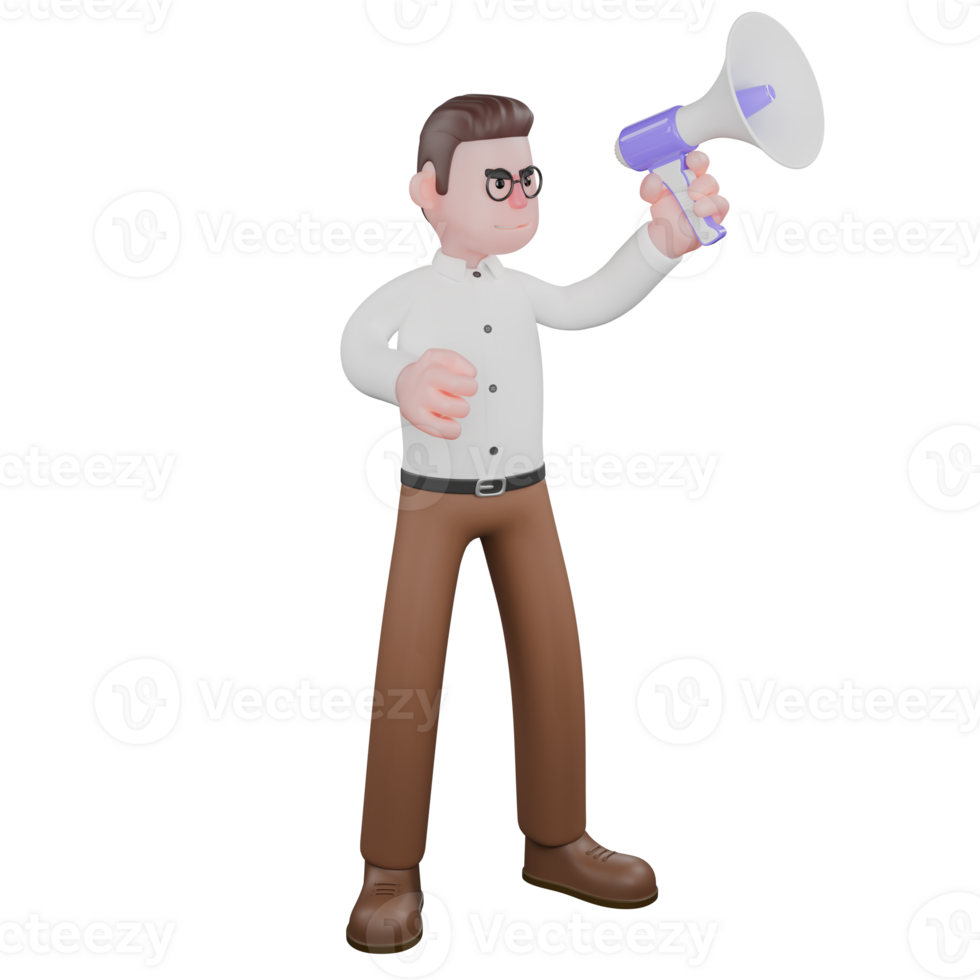 Male Community Organizer Sociologist 3D. A male sociologist stands holding a loudspeaker in his left hand and clenching his right fist. Professional Illustrated png