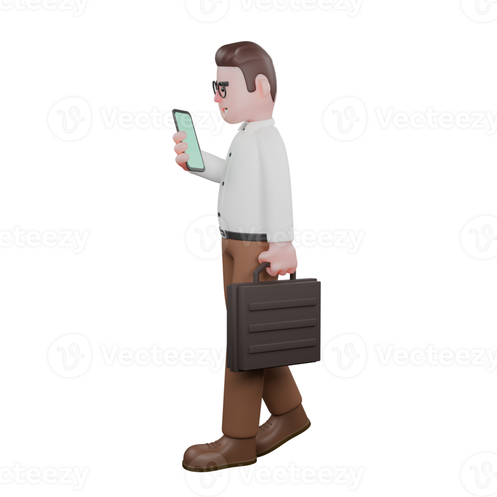 3D Male Sociologist in Societal Profession. A male sociologist walking while looking at the screen of his cellphone in his right hand and holding a briefcase in his left hand. Illustrated png