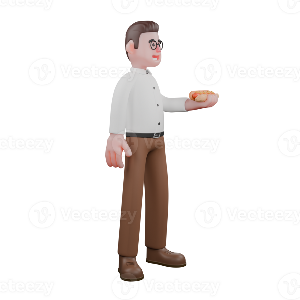 Societal Professional Male. A male sociologist stands holding a hotdog in his left hand with a happy expression. 3D Sociologist Cartoon png