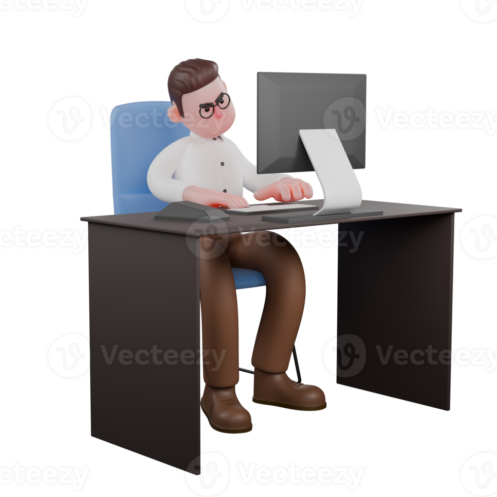 3D Illustrated of Professional Male Sociologist. A male sociologist sits behind a desk with both hands on the keyboard. Societal png
