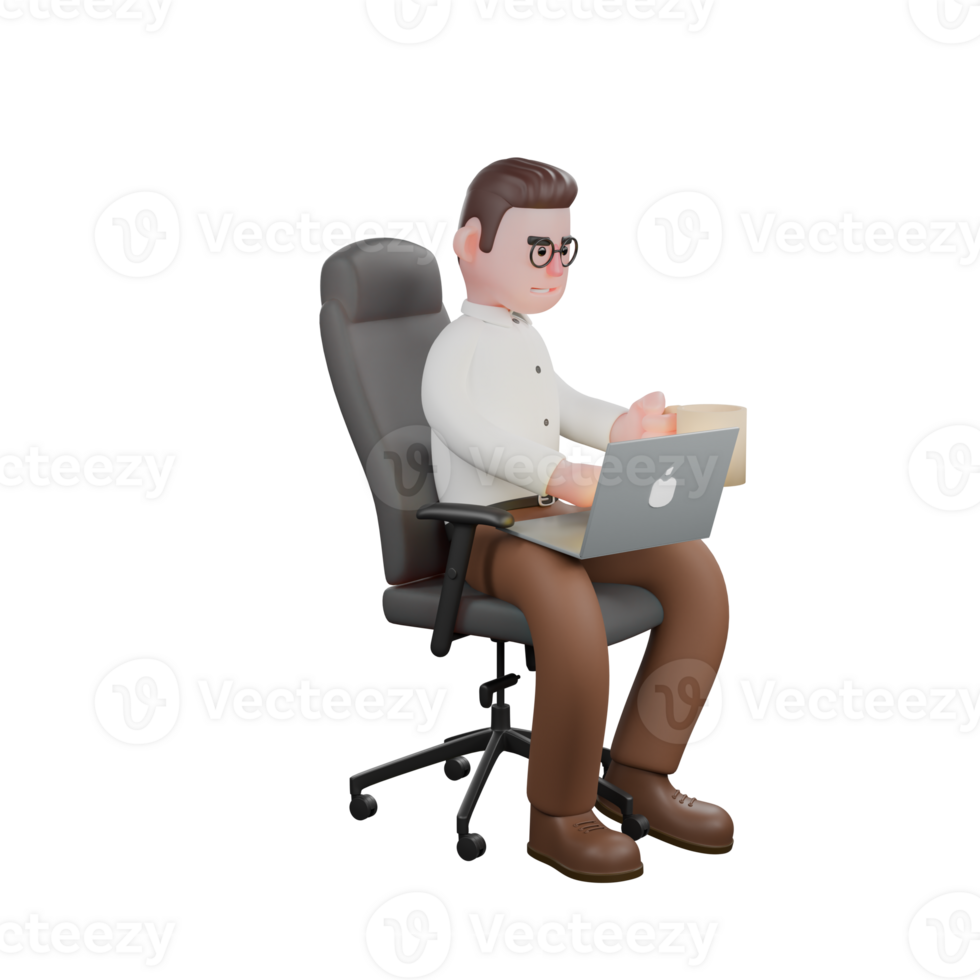 Male Sociologist Cartoon in 3D. A male sociologist sits on a gaming chair with a laptop on his lap and a cup of drink in his left hand. Urban Sociology Illustrated png