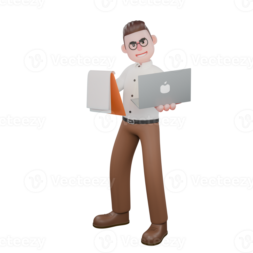 3D Social Character . A male sociologist stands holding a laptop and clipboard in both hands. Male Sociologist Illustrated png