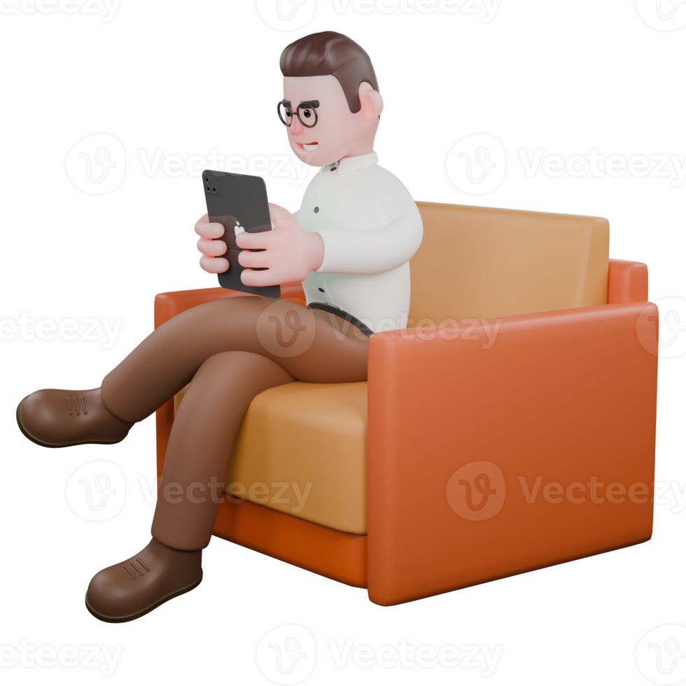 3D Animated Sociologist. A male sociologist sits on a sofa holding a tablet with both hands. Male Family Dynamics Specialist png