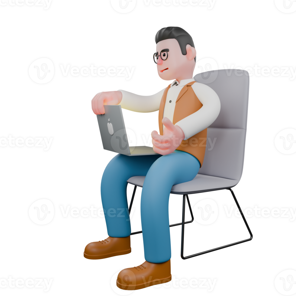 Cultural Professional Male. A male anthropologist is sitting while operating a laptop. 3D Anthropologist Cartoon png