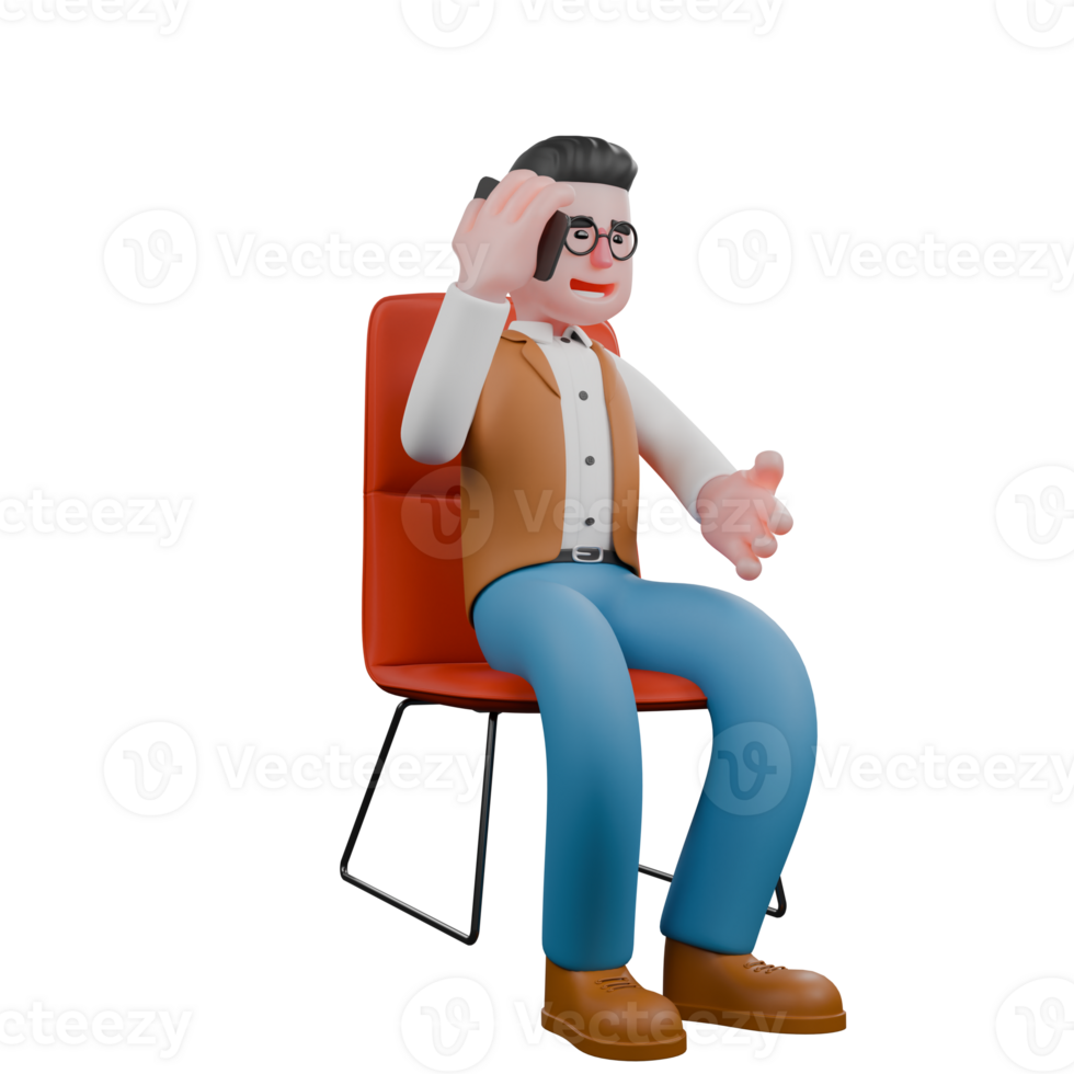 Illustrated of a Professional Anthropologist. A male anthropologist is sitting in a chair while answering an incoming call on his cellphone. 3D Male png