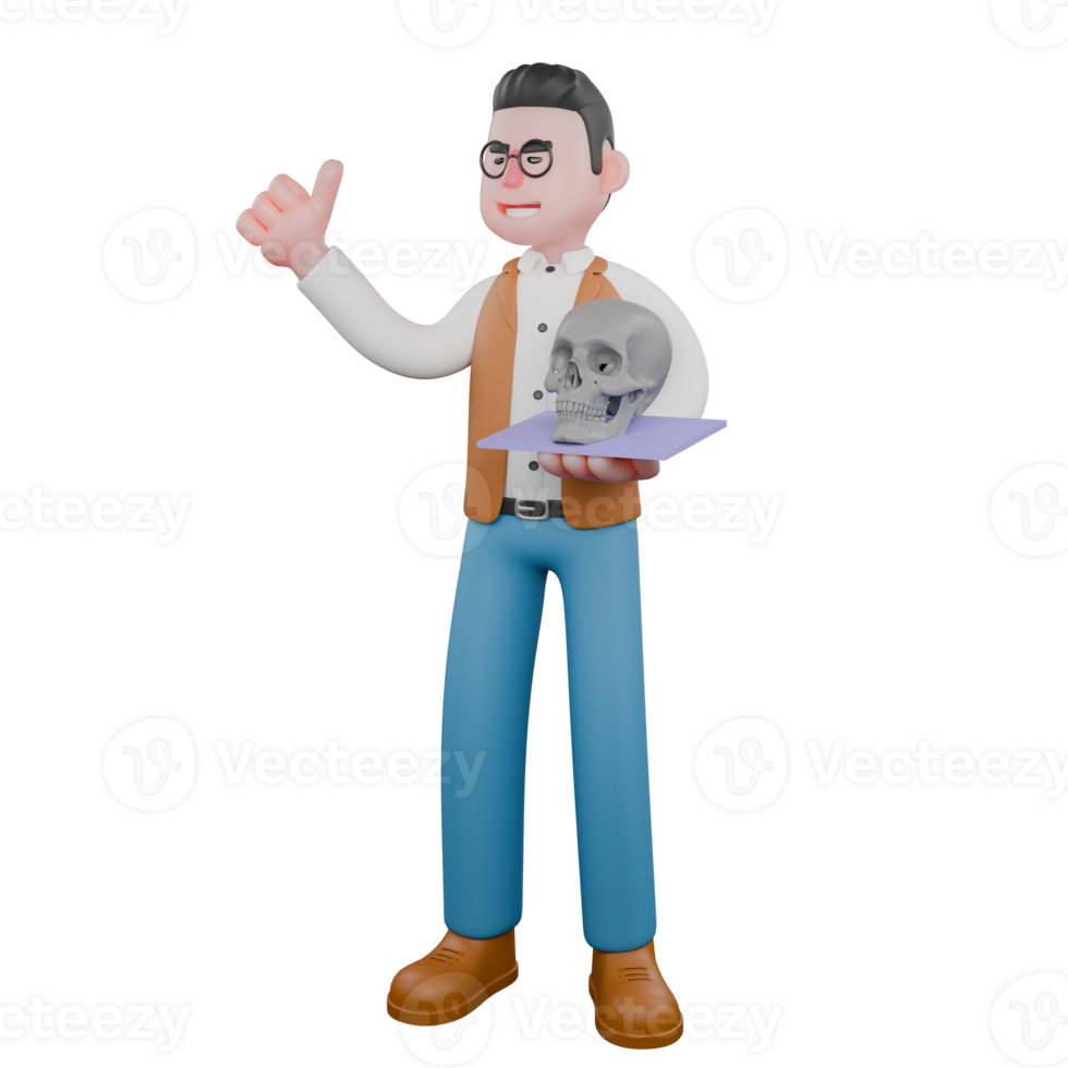 3D Male Anthropologist in Museum. A male anthropologist is standing while carrying a human skull and raising his thumb. Professional Character png