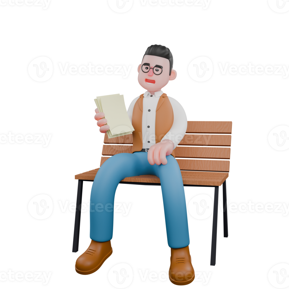 Illustrative 3D Male Anthropologist. A male anthropologist is sitting on a park bench while showing several stacks of white paper. Professional png