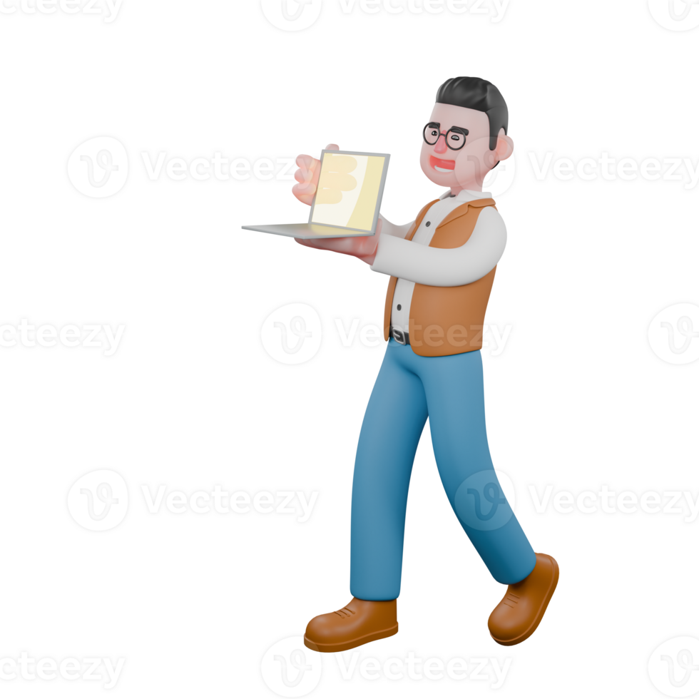 Cultural Expert 3D Model. A male anthropologist is walking while showing a labtop screen. Anthropologist Cartoon png