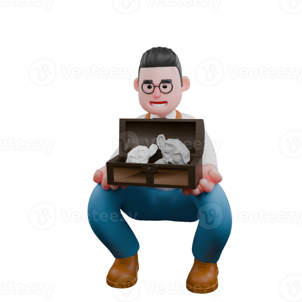 3D Professional in Cultural Studies. A male anthropologist is sitting squatting while showing a chest containing a sculpture. Male Anthropologist png