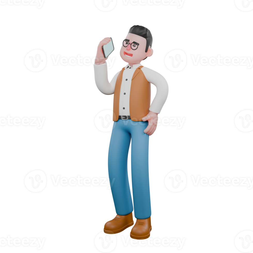 Cartoon Male Anthropologist. A male anthropologist is standing while answering an incoming call on his cellphone. 3D Cultural Research Professional png