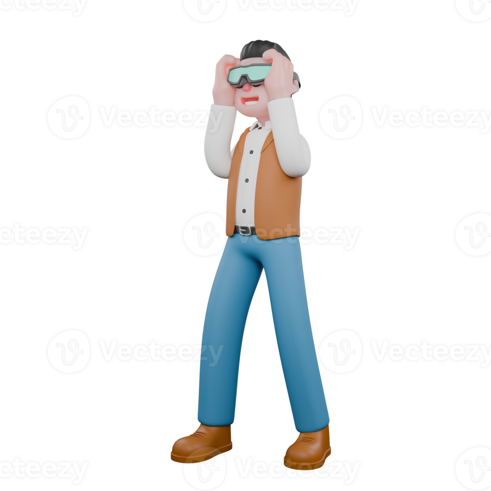 3D Male Anthropologist Observing. A male anthropologist is standing while looking using long-range binoculars held in both hands.Ethnographic Research Cartoon png