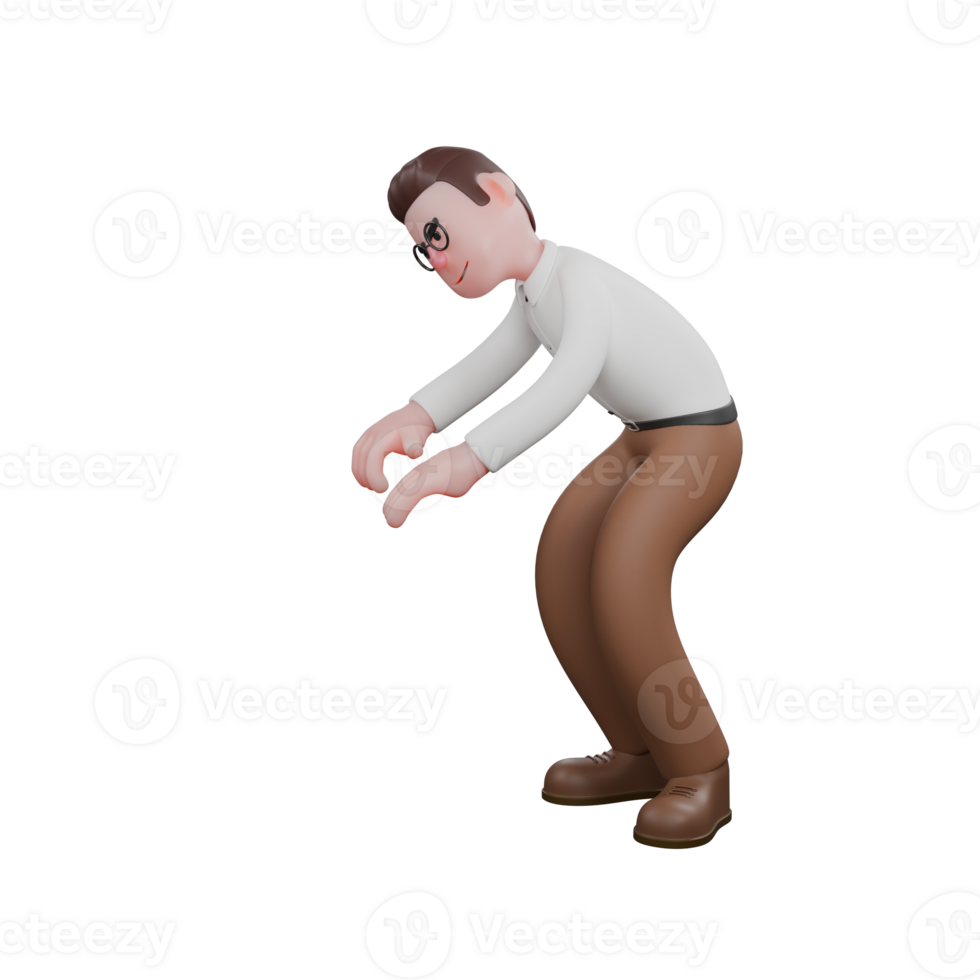 Male Sociologist Social Professional. A male sociologist is hunched over with both hands raised in front of him. 3D Cartoon png