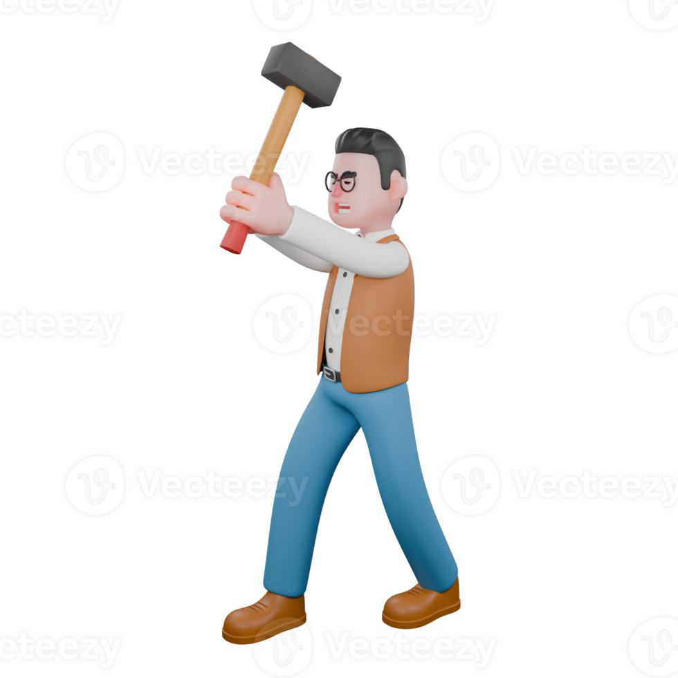 Illustrated Cultural Expert. A male anthropologist is standing while raising a large hammer above his head with both hands. 3D Male Anthropologist png
