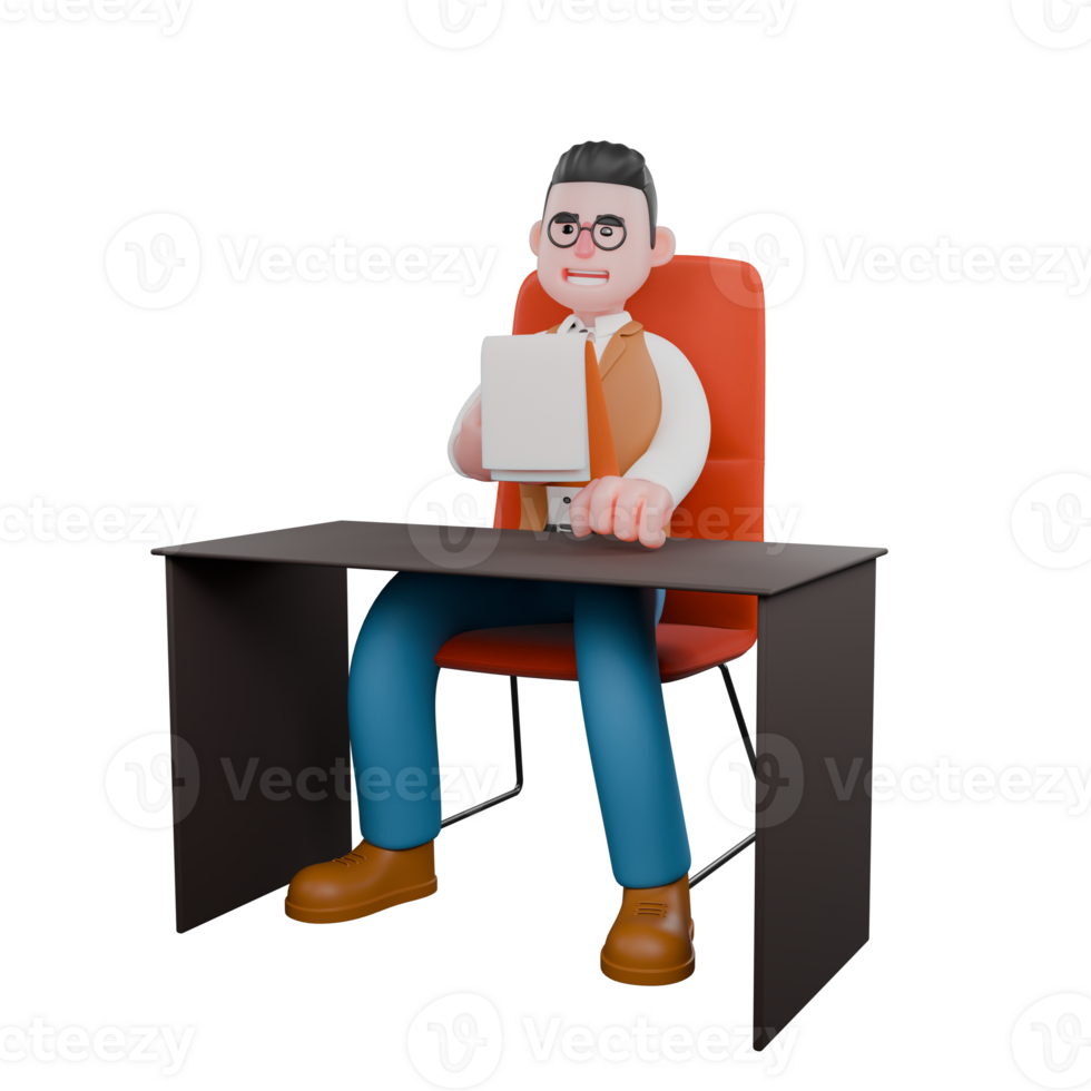 Professional Anthropologist in 3D. A male anthropologist is sitting at his desk chair while carrying a clipboard. Male png
