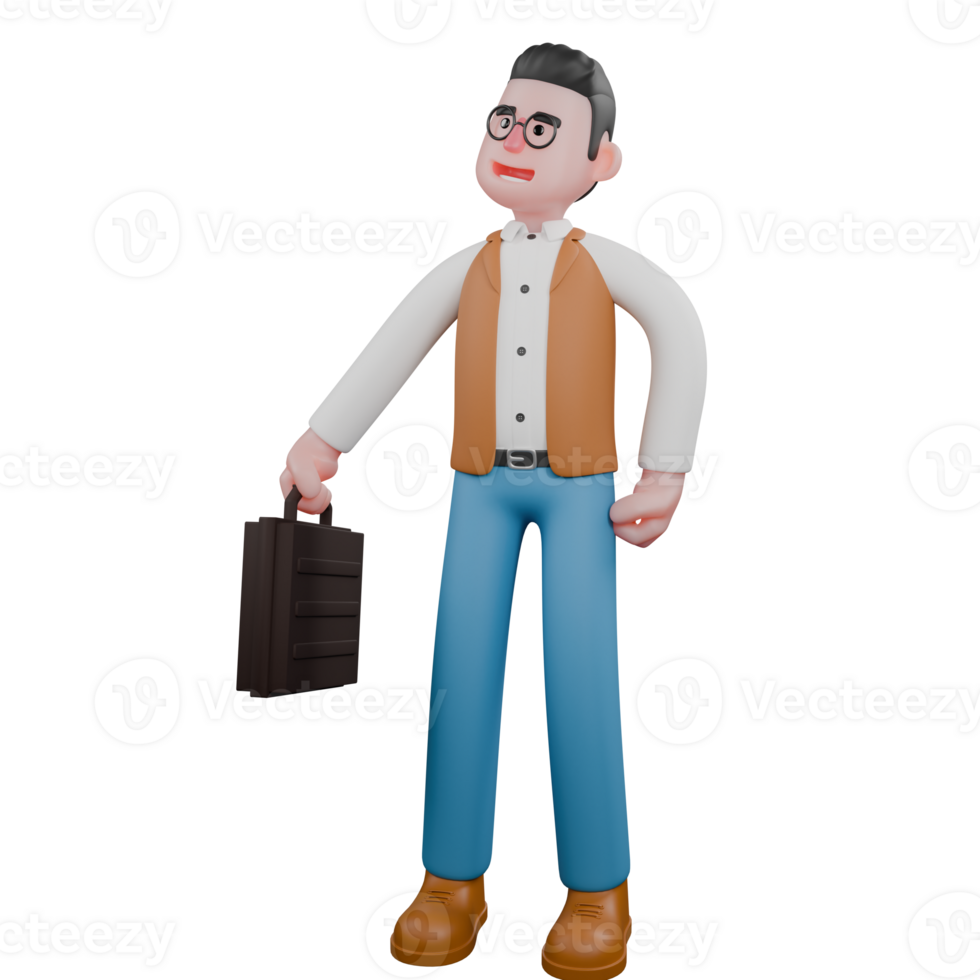 Male Anthropologist in Field Setting. A male anthropologist is standing while carrying a work suitcase. 3D Character png