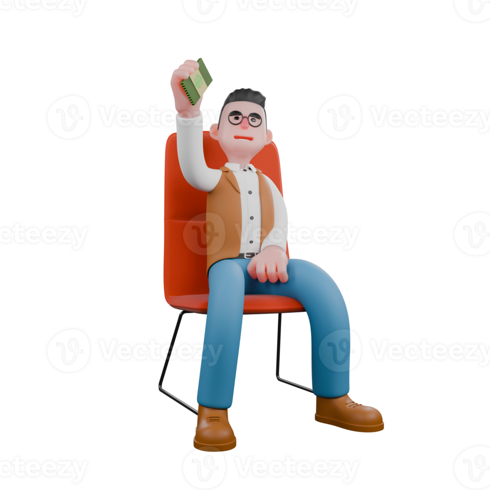3D Cultural Enforcement Male Anthropologist. A male anthropologist is sitting relaxed on a red chair while carrying several stacks of money. Professional png