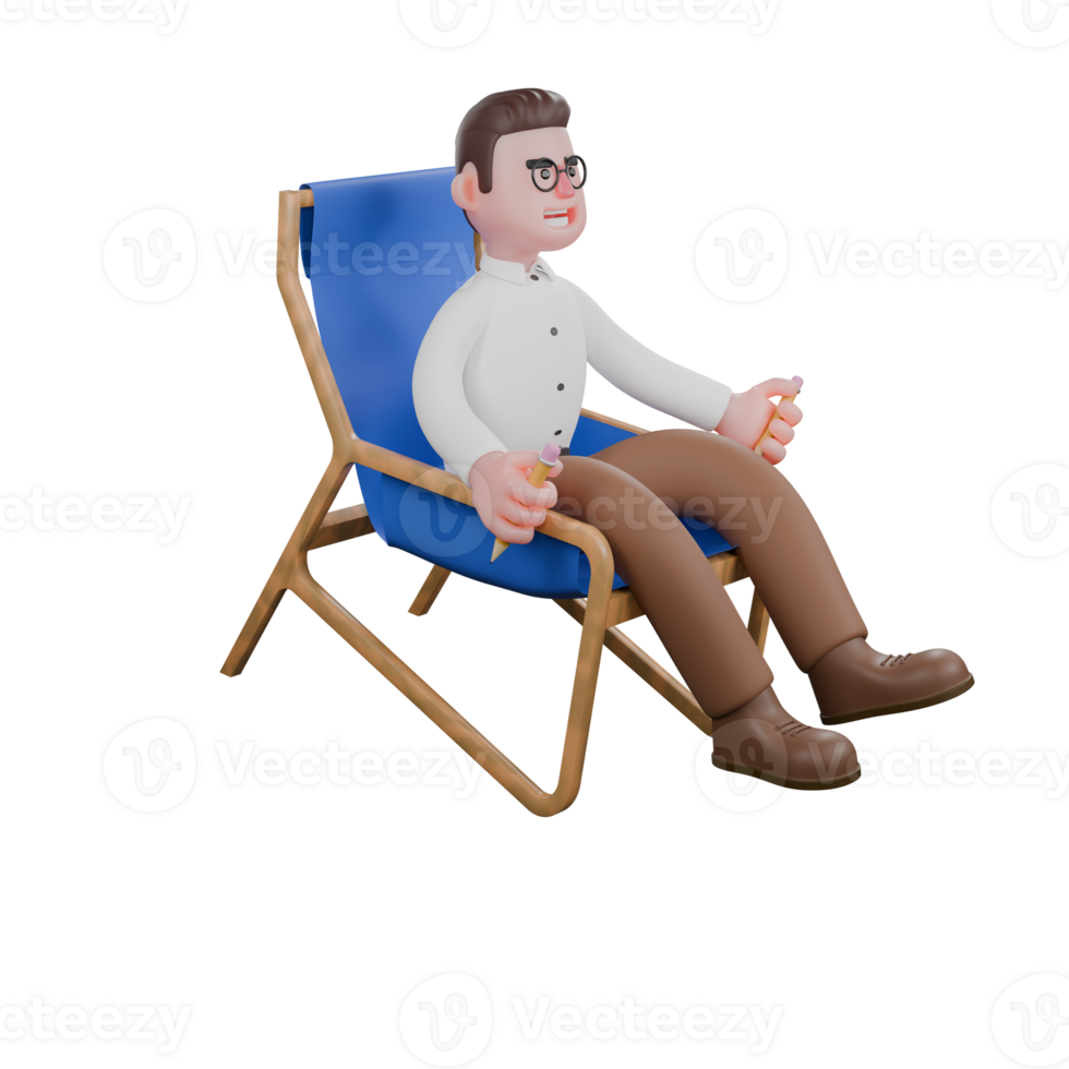 Male Sociologist in Social Experiment . A male sociologist sits on a lounge chair while holding a pencil in both hands . 3D Character png