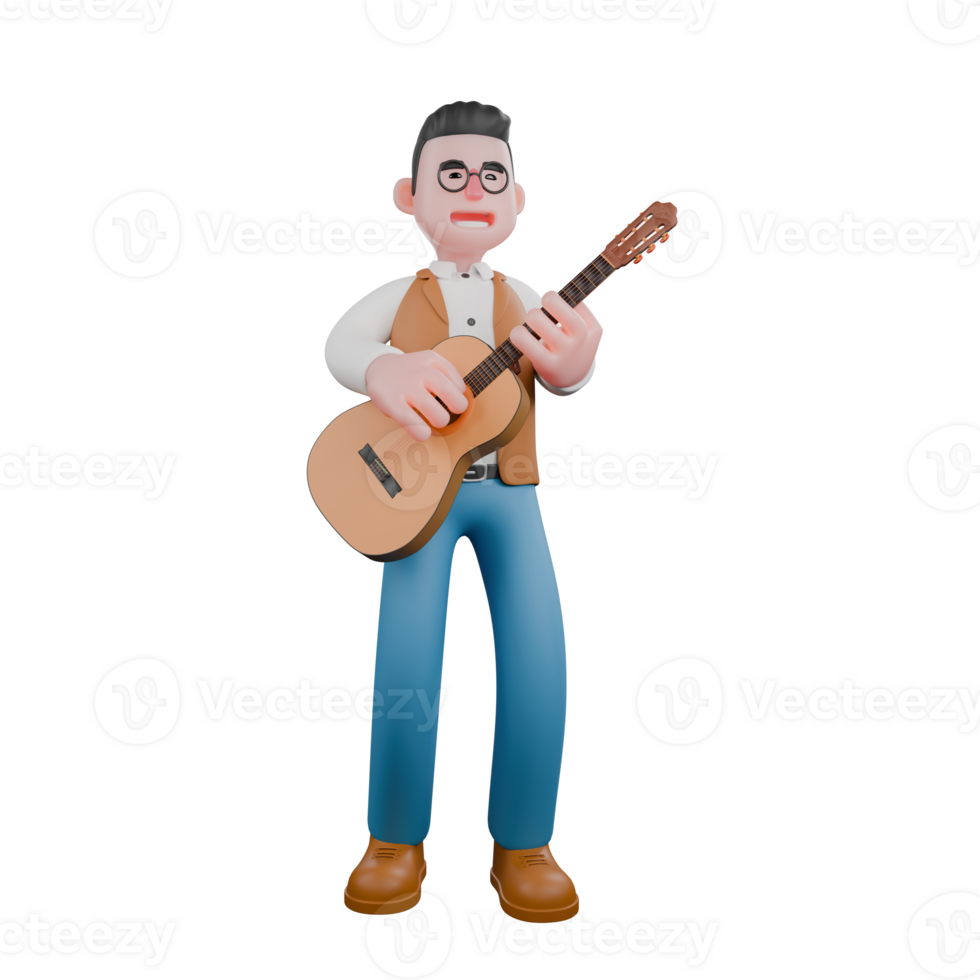 Professional 3D Male Anthropologist . A male anthropologist is standing while strumming the guitar. Cultural Character png