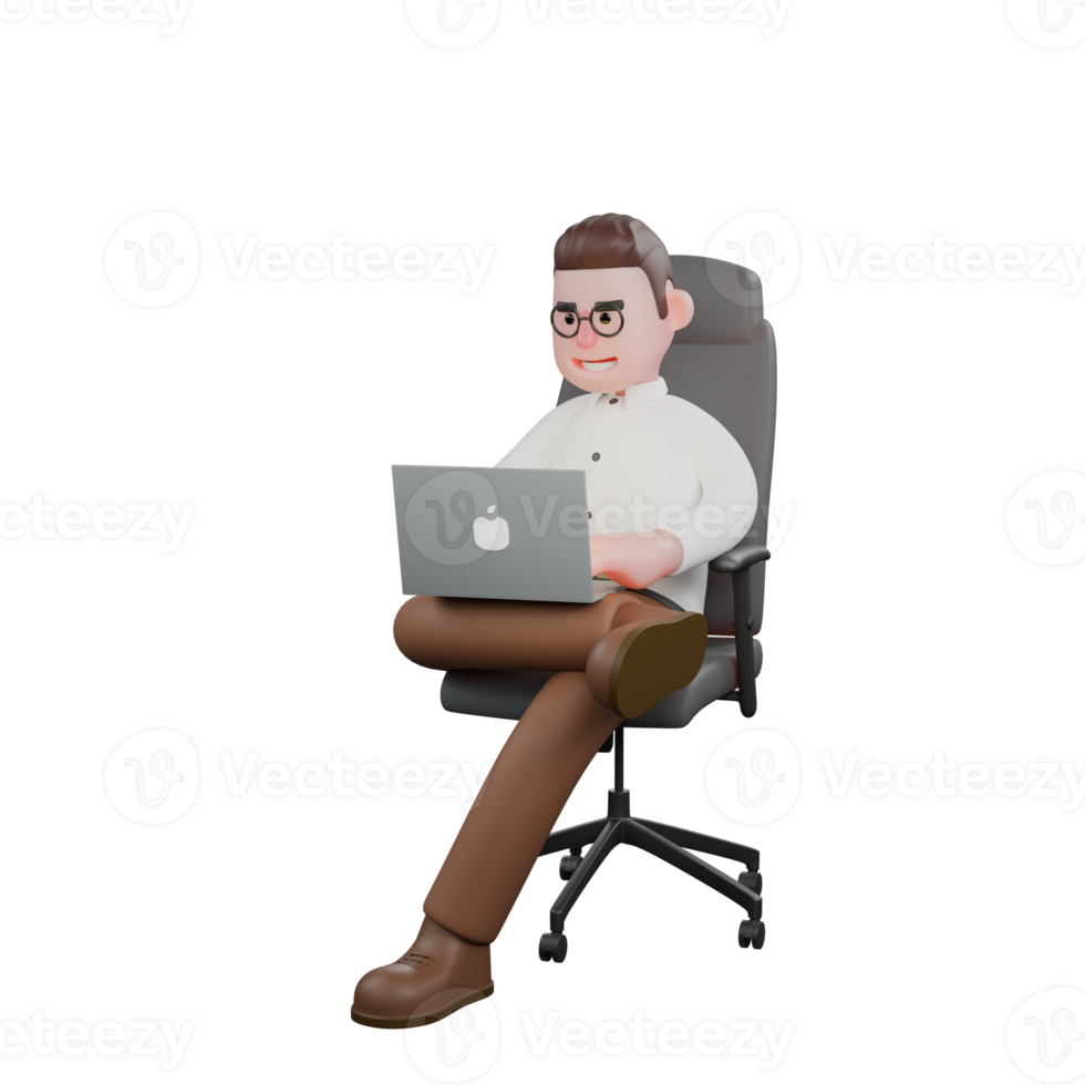 Cartoon Style Group Dynamics Analyst. A male sociologist sits on a gaming chair with his right leg on his left leg while operating a laptop with both hands. 3D Male png