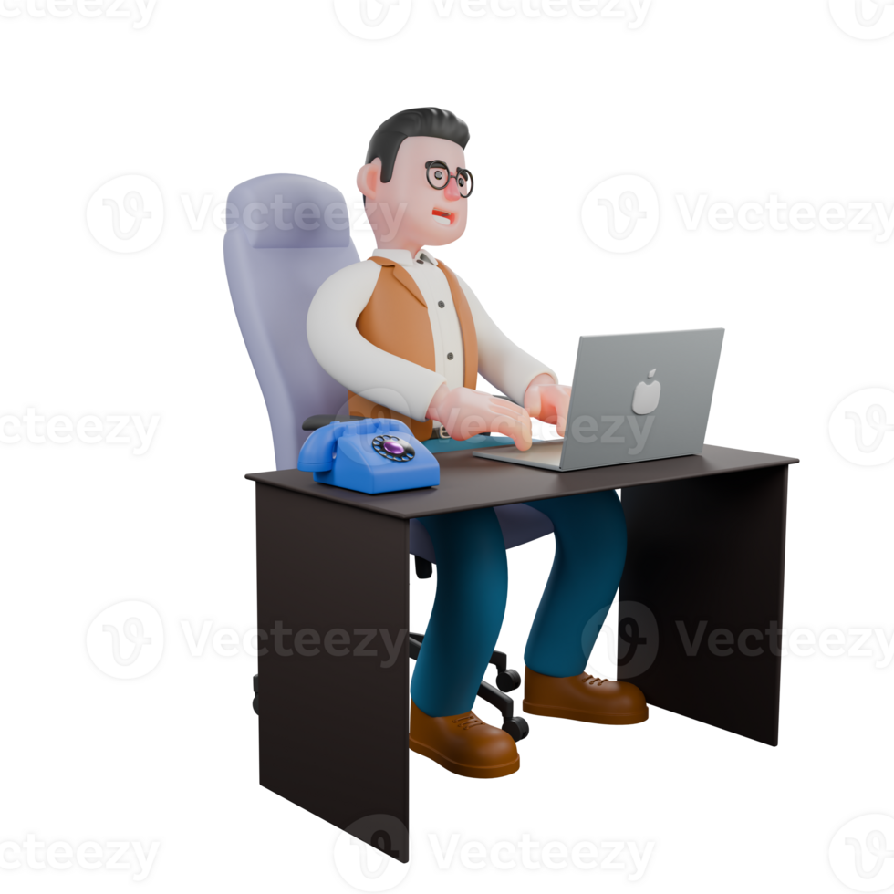 Male Anthropologist with Ancient Artifact. A male anthropologist is sitting in his desk chair in front of a monitor screen. 3D Illustrated png