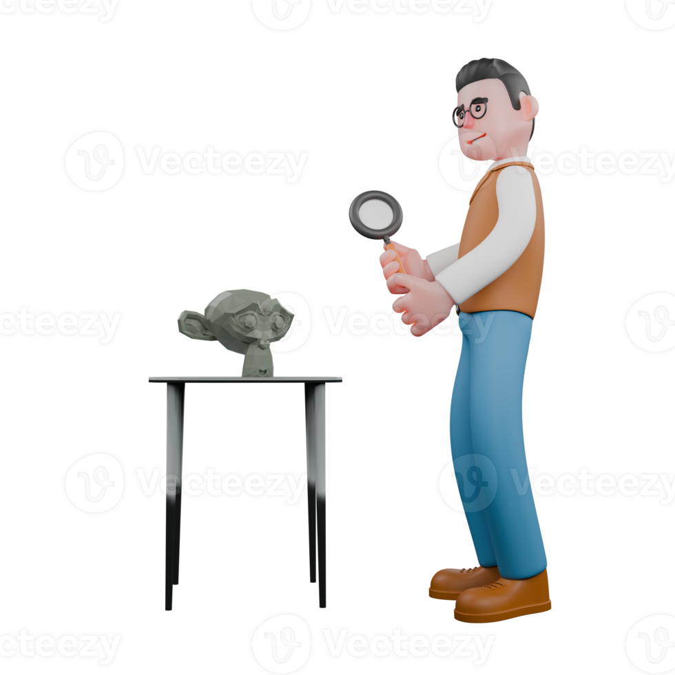 3D Cartoon Human Origins Specialist. A male anthropologist is standing while observing a sculpture in front of him with a magnifying glass held in both hands. Evolution Research Scene png
