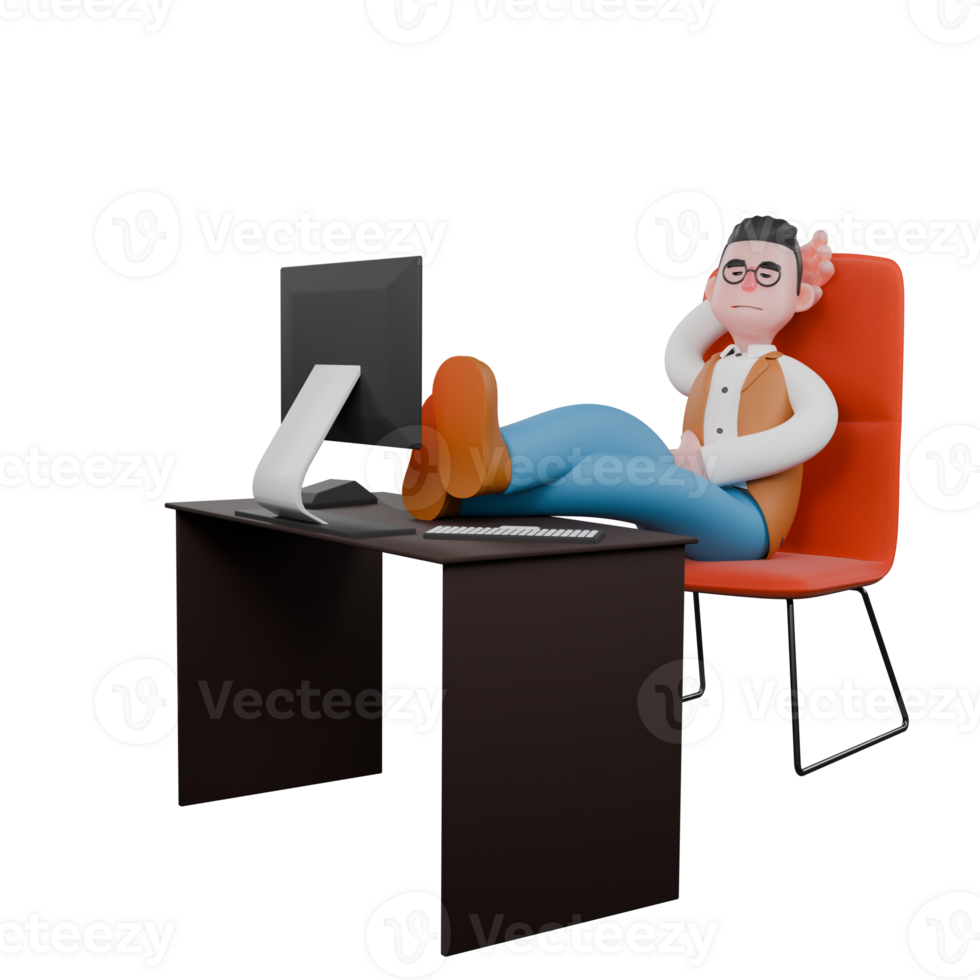 Male Anthropologist in 3D Animation. A male anthropologist is sitting on his desk chair with a monitor screen in front of him and his legs folded on the table and his right hand is used as a pillow. png