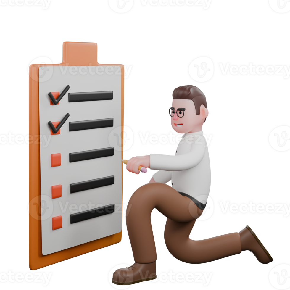 Sociologist's Daily Fieldwork in 3D. A male sociologist kneels in front of a large clipboard with a checklist and a pen in his left hand. Male Cartoon png