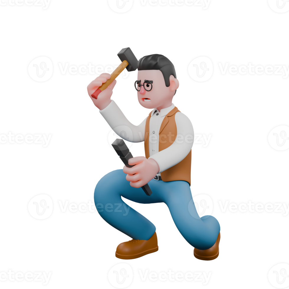 Animated Male Anthropologist. A male anthropologist is sitting crouched holding a hammer and chisel. 3D Sociological Study Expert png