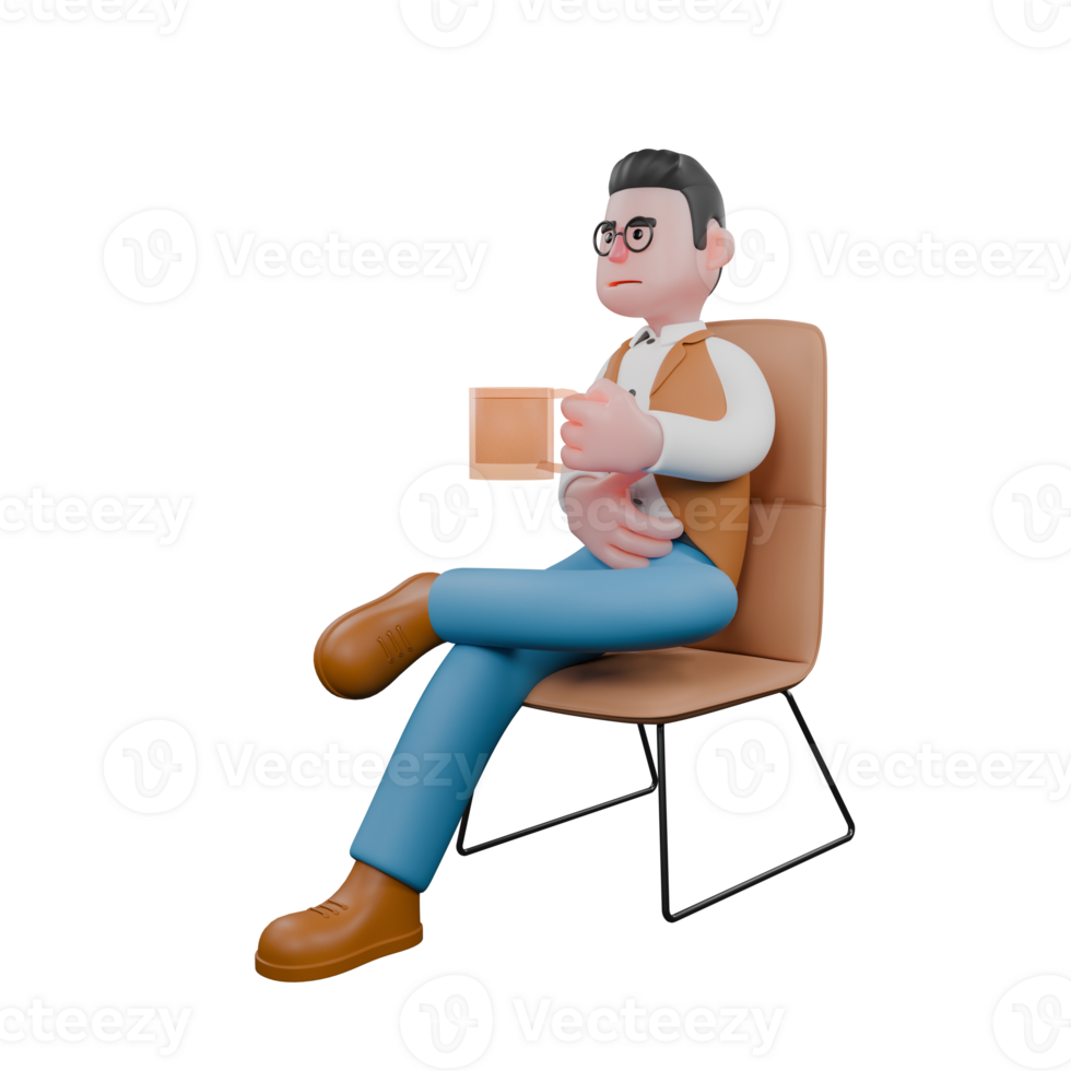 3D Cartoon of Male Anthropologist . A male anthropologist is sitting on a lounge chair with his left leg on top of his right leg and carrying a glass cup. Professional png