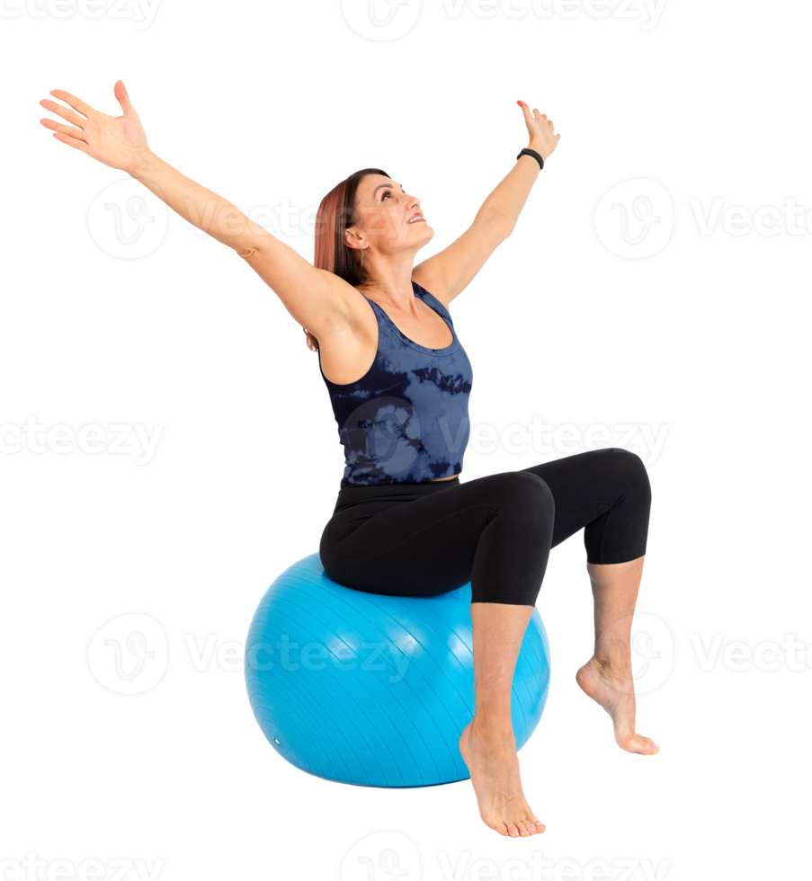 Beautiful sporty woman doing exercise on fitness ball, isolated png