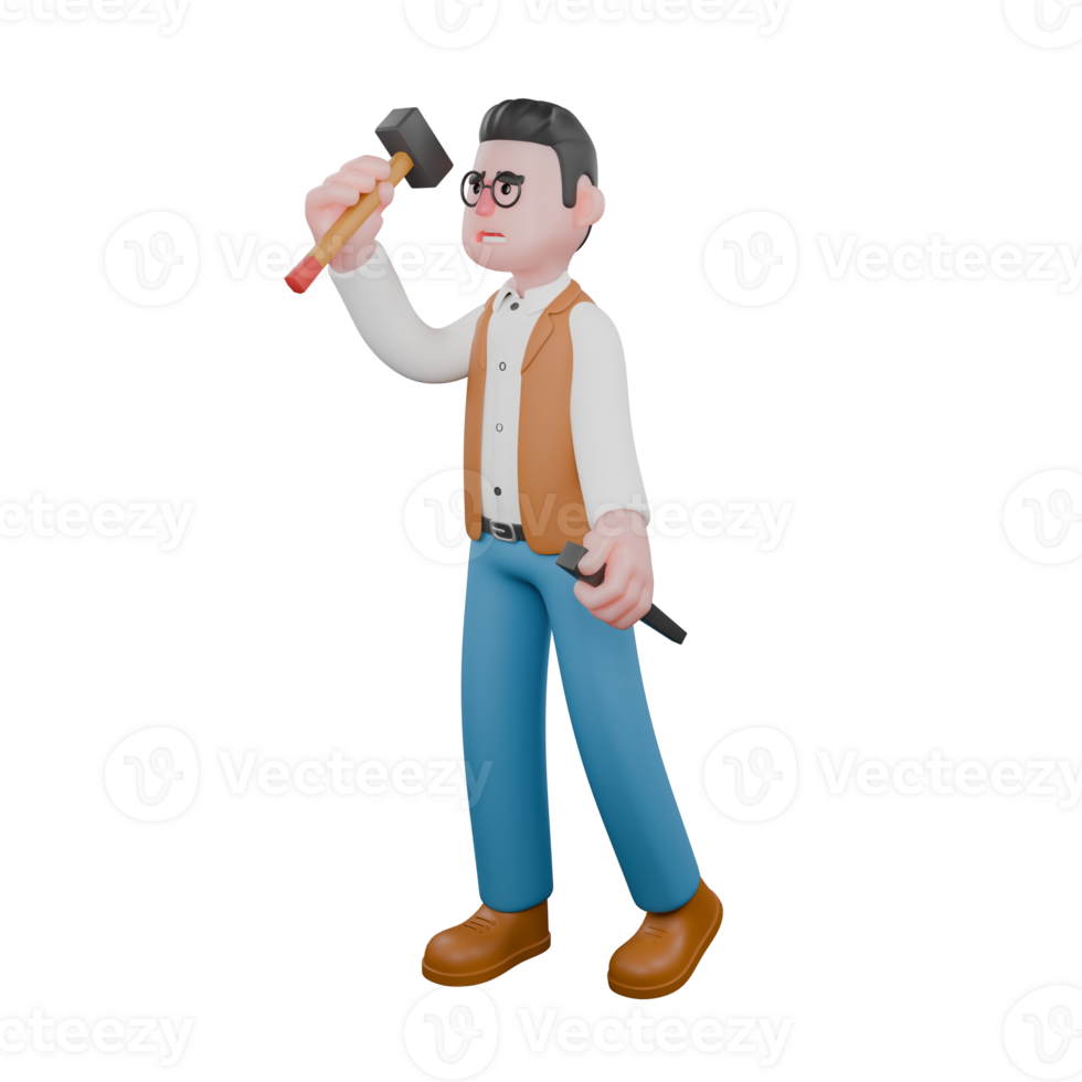 3D Animated Anthropologist. A male anthropologist is standing while lifting a hammer and carrying a chisel. Male Ritual Studies Expert png
