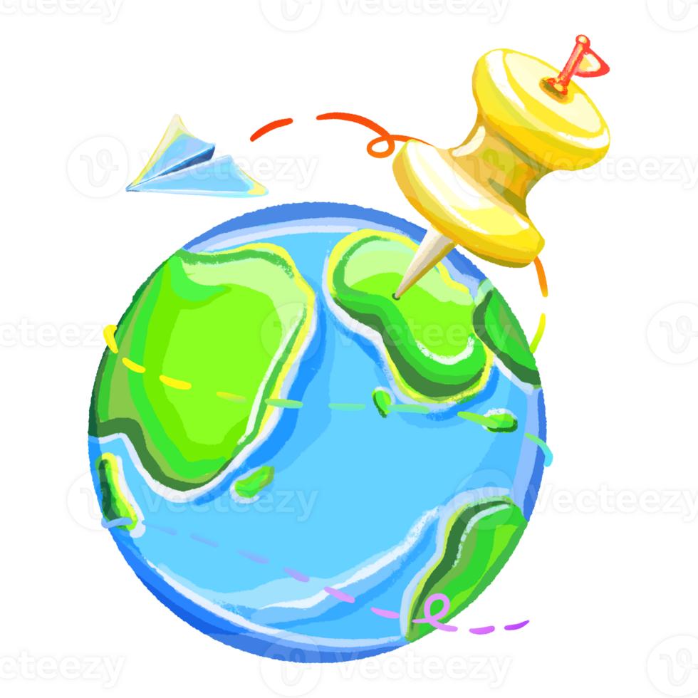 Pin the Earth and plane cartoon design, travel and trip decision graphic, travel around the world png