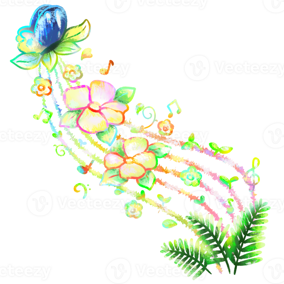 Butterfly, flowers and music colorful decoration, corner nature background element design png