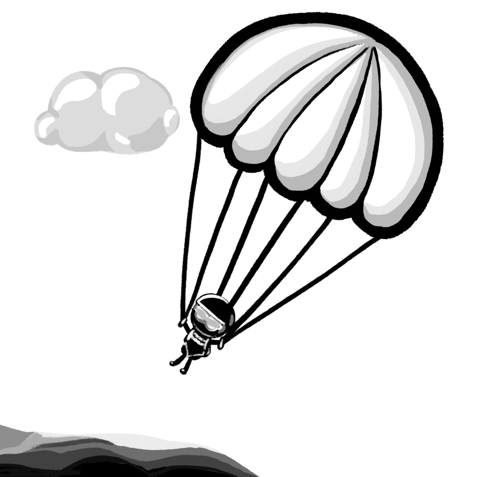 Parachute and landing monochromatic cartoon illustration, skydiving drawing png