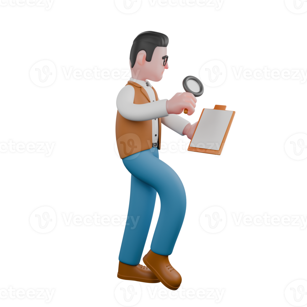 Cartoon Illustrated of a Male Anthropologist. A male anthropologist is standing while observing writing on a clipboard with a magnifying glass. 3D Cultural Style png