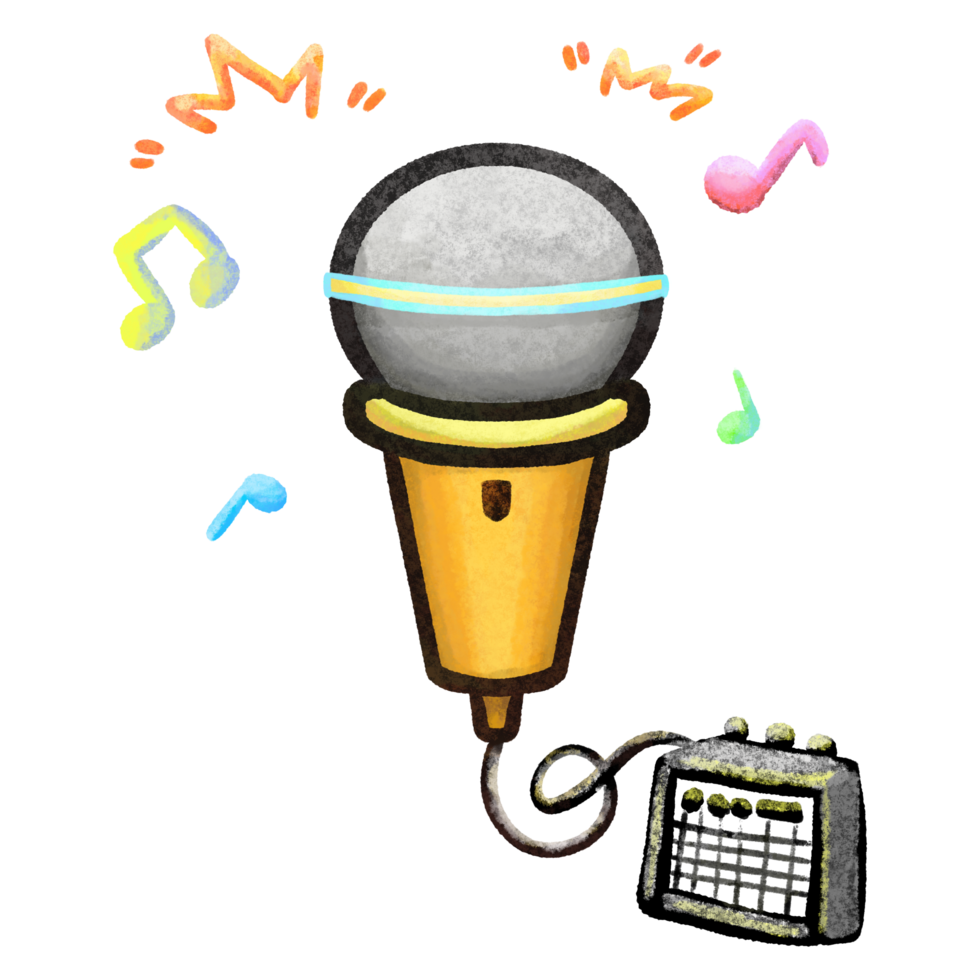 Cartoon microphone with music notes color illustration, audio device isolated png