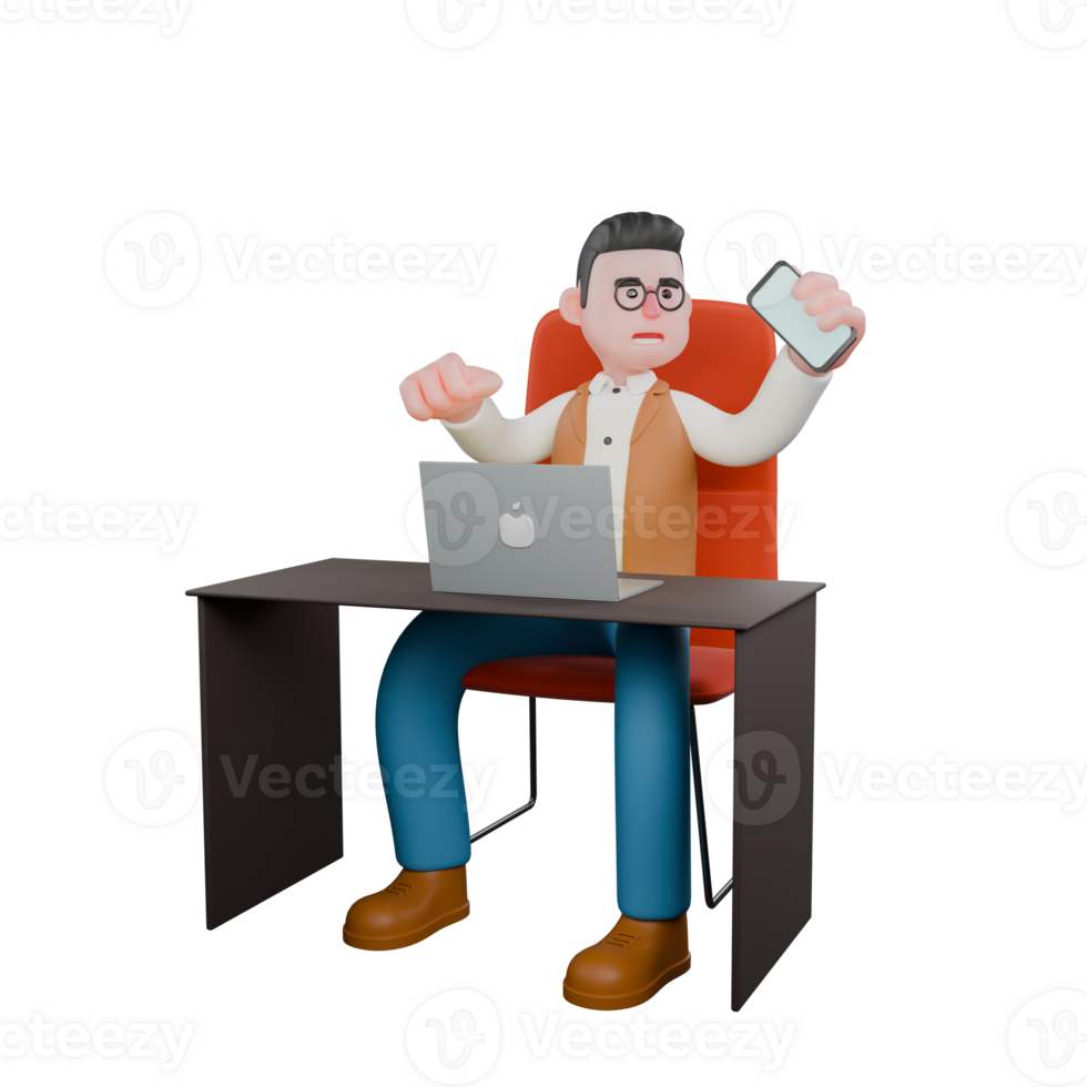 Professional 3D Cultural. A male anthropologist is sitting at his desk chair with a laptop in front of him and he is showing his cellphone screen.Male png