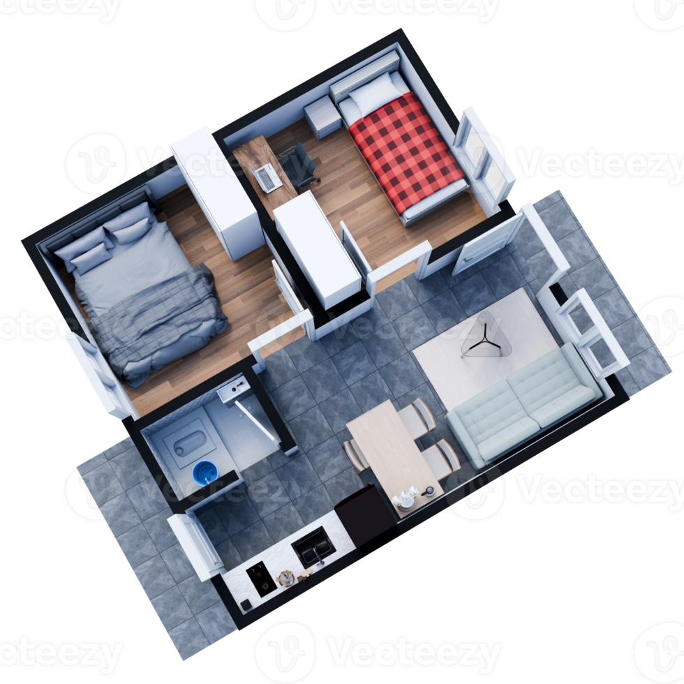 3D Floor plan of a home, 3D illustration. House Type 36 Sqm. Top View. png
