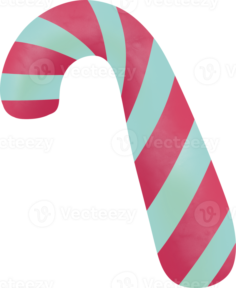 Hand drawn classic candy cane with red and white stripes. It has a curved shape, typical of a candy png