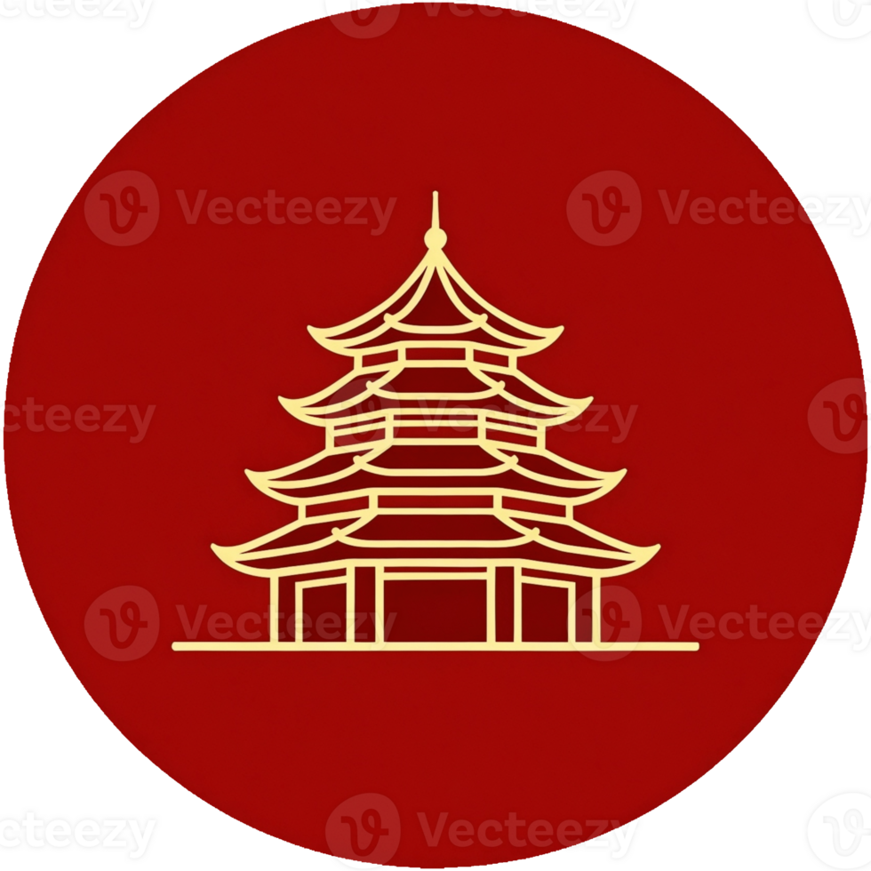 Red circle with a gold and silver Chinese pagoda on it png