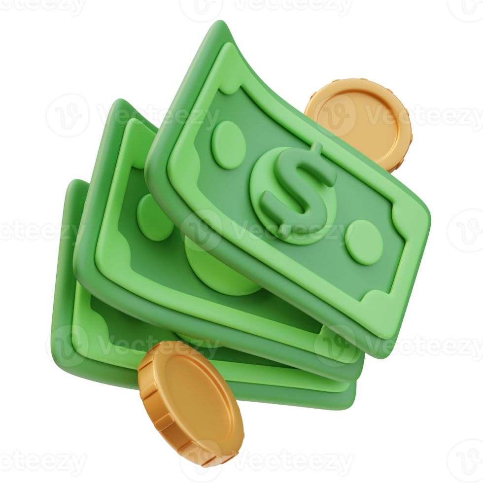 3D Icon Flying Green Money Banknotes and Golden Coins Dollar Sign. Money Finance Concept. 3D Illustration Design for Website or Mobile App png