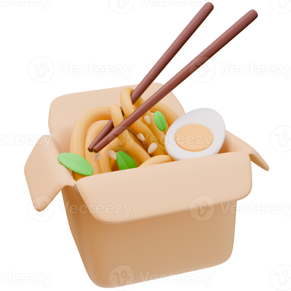 3D Render Icon Asian Noodles with Egg Chopsticks in Cartboard Box. Street Food Fast Food Concept. 3D Illustration Design Web Mobile App png